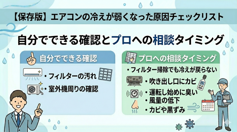 【保存版】エアコンの冷えが弱くなった原因チェックリスト｜自分でできる確認とプロへの相談タイミング