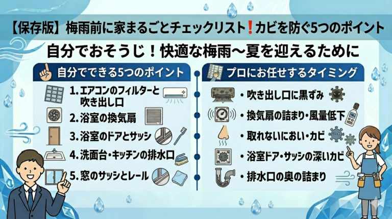 【保存版】梅雨前にやっておきたい家まるごとチェックリスト｜カビを防ぐための5つのポイント